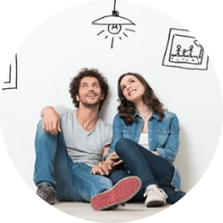 Couple sitting on floor with sketched lightbulb over their head