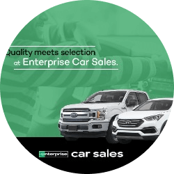 Pickup truck and car with text: Quality meets selection at Enterprise Car Sales
