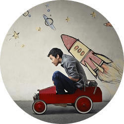 Boy in car with rocket imagery