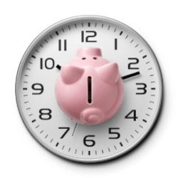 Piggy bank sitting on top of clock
